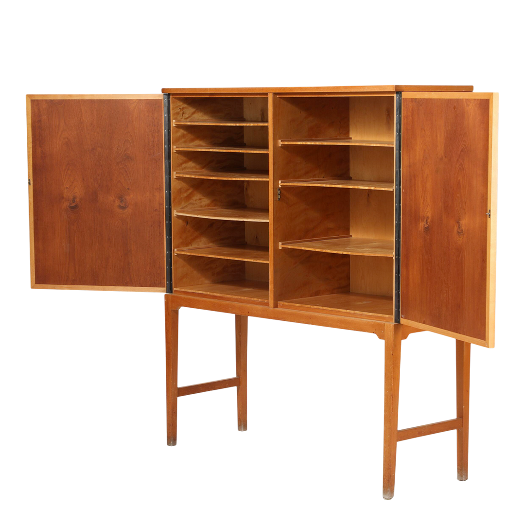 1960s Verner Birksholm : beech & teak 55" tall cabinet on stand