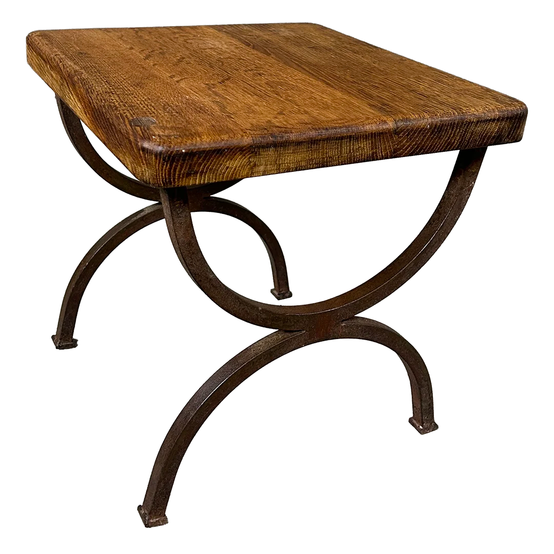 1950s French : set of three solid oak & curved iron nesting tables