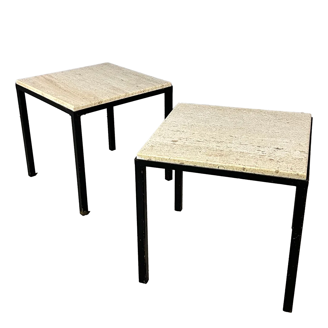1960s French : classic 17" square travertine and blackened metal side table