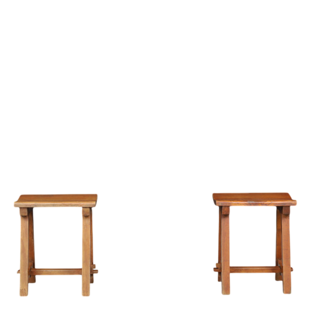 1950s French : solid oakwood stools with wedged tenon joint
