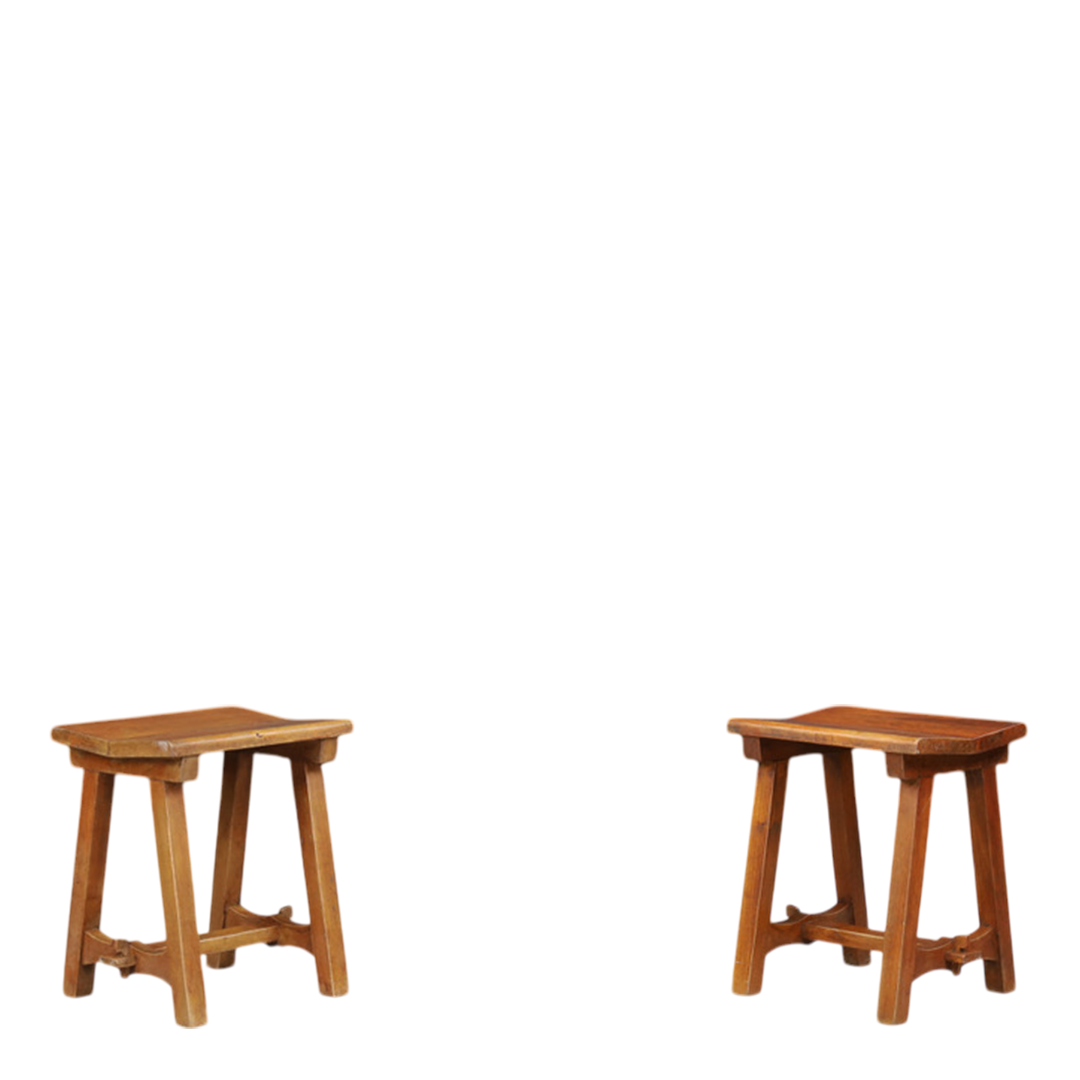 1950s French : solid oakwood stools with wedged tenon joint