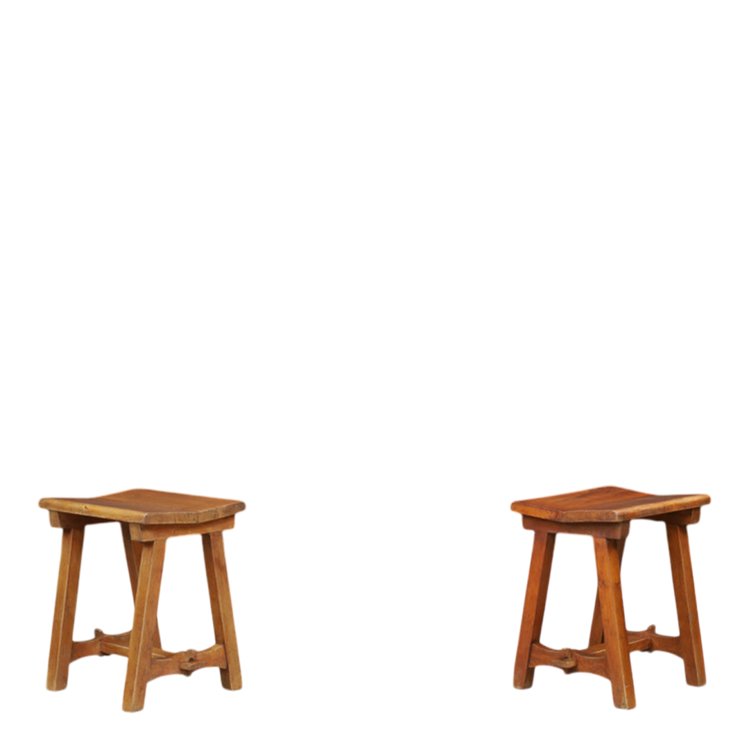 1950s French : solid oakwood stools with wedged tenon joint