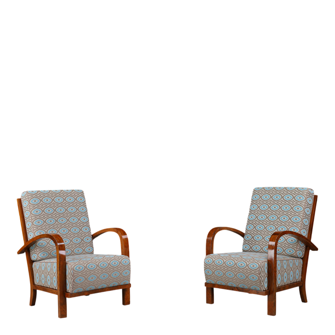 1930s Czech : pair exceptional polished walnut Art Deco armchairs