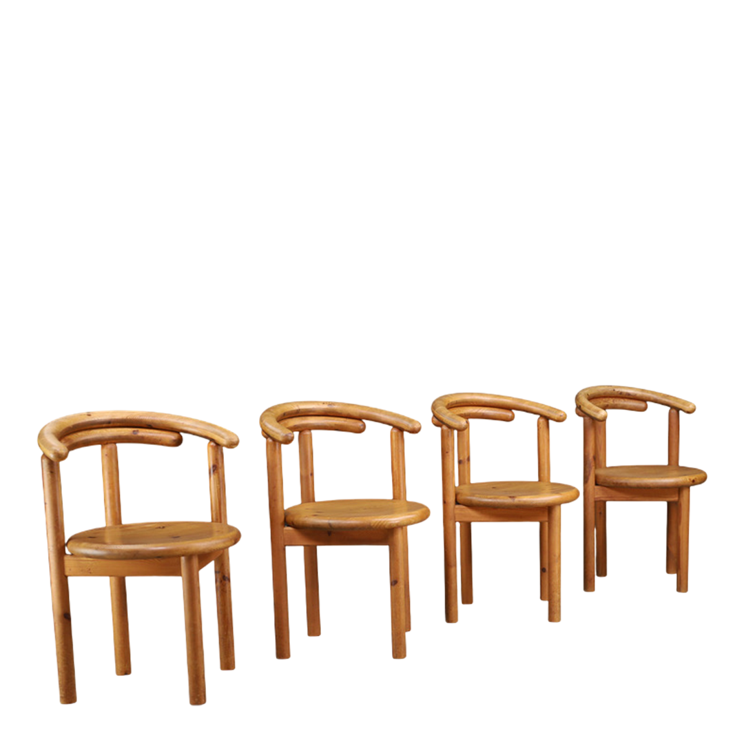 1970s Daumiller Style : set of eight solid pinewood dining chairs