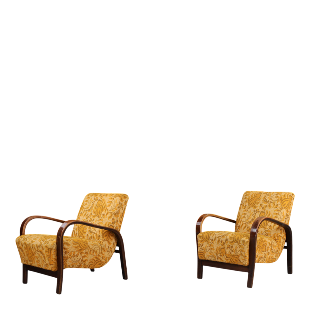 1950s Koželka and Kropácek : bent beechwood armchair, gold floral
