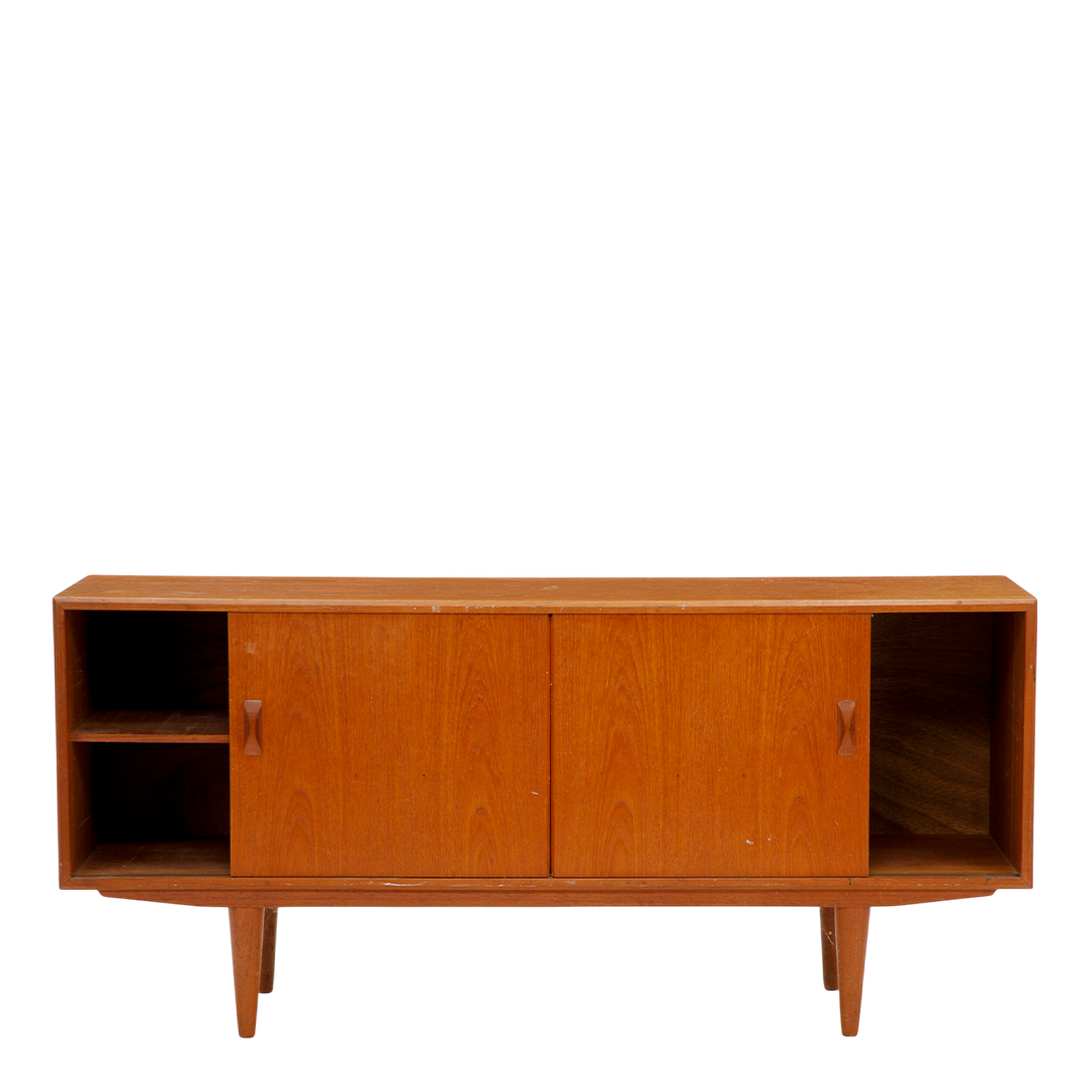 1960s Clausen & Søn : teakwood 63" credenza with bowtie drawer pulls