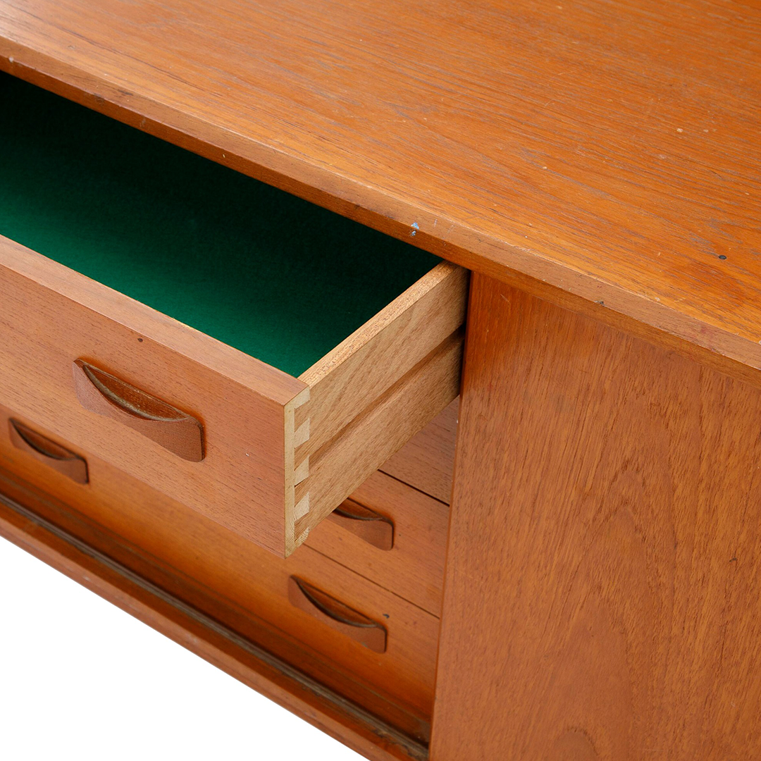 1960s Clausen & Søn : teakwood 63" credenza with bowtie drawer pulls