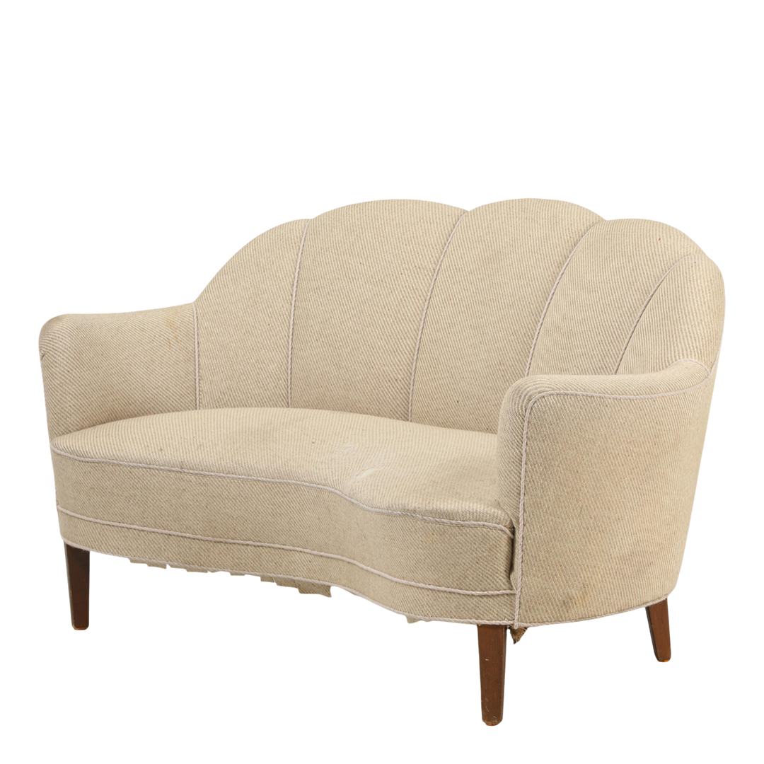 c1940 Danish : classic curved & sculpted 2-person settee