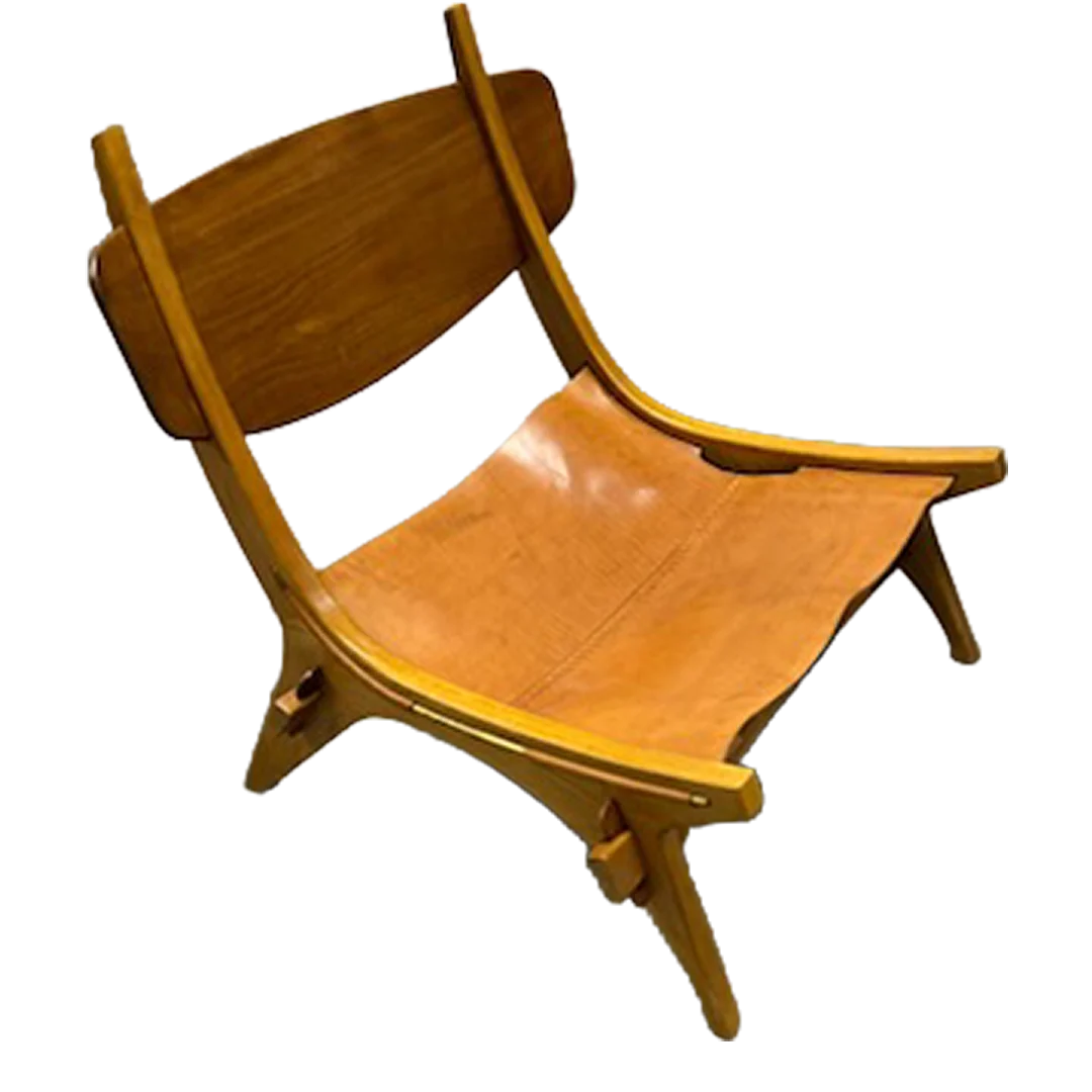 1980s Scandinavian Style : ash wood & leather prototype lounge chair