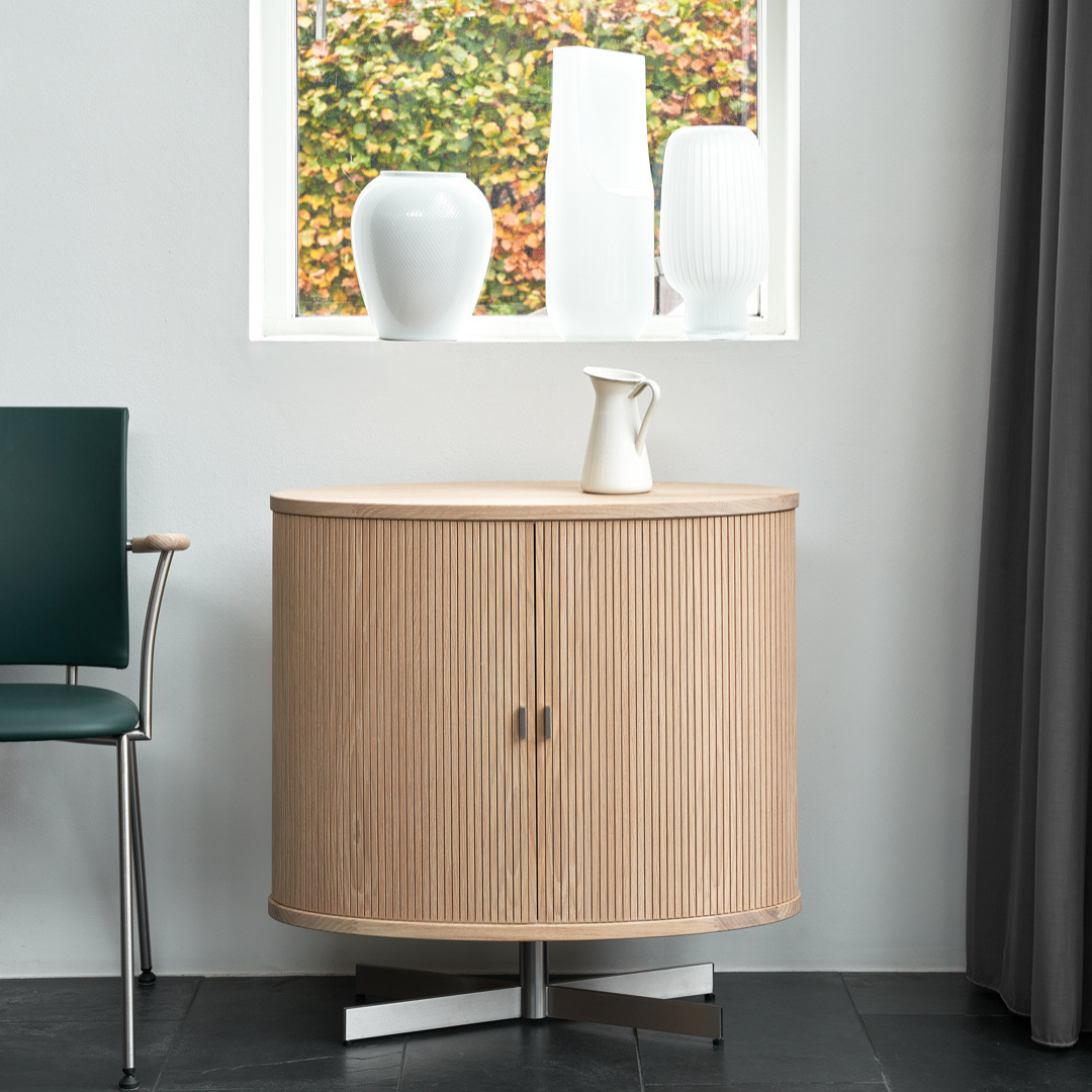 Nissen & Gehl : low reeded tambour cabinet on steel base, Denmark