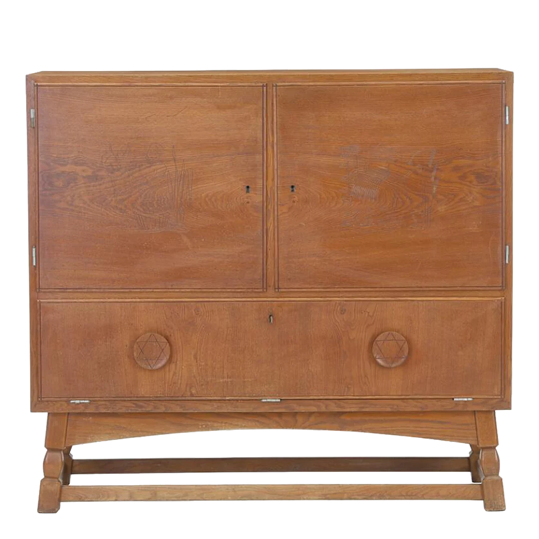 Late 1940s Danish : oakwood cabinet on stand w/ drop down compartment