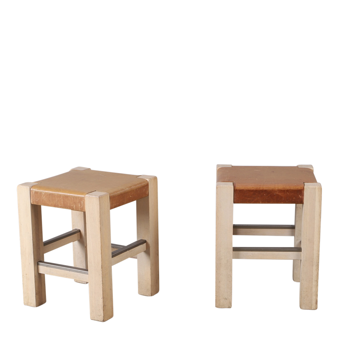 Late 20thc : cognac leather over oak framed stool, 8 available