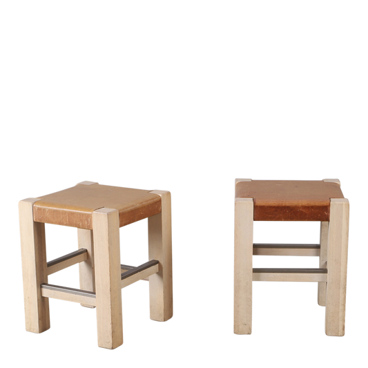 Late 20thc : cognac leather over oak framed stool, 8 available