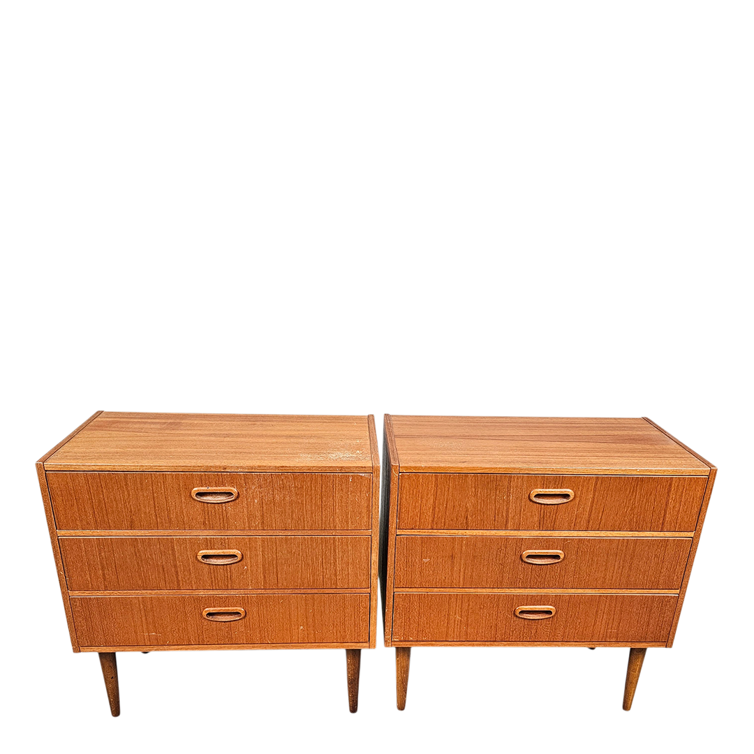 Pair 1950s Swedish : small teakwood chest of drawers w/ carved oak pulls