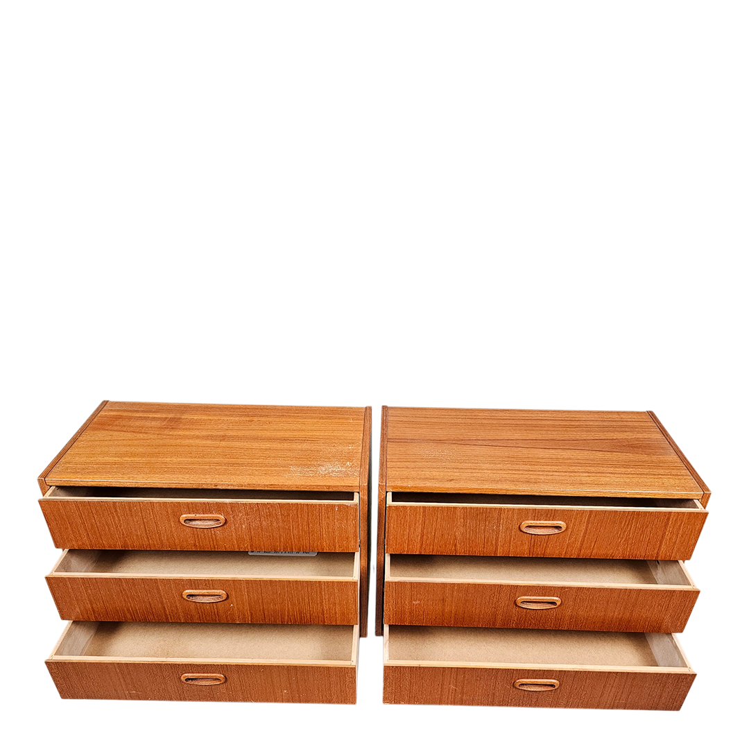 Pair 1950s Swedish : small teakwood chest of drawers w/ carved oak pulls