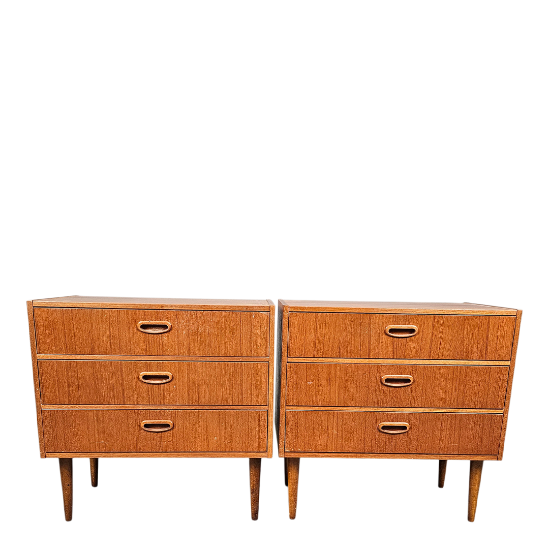 Pair 1950s Swedish : small teakwood chest of drawers w/ carved oak pulls