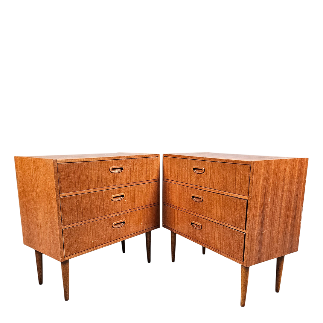 Pair 1950s Swedish : small teakwood chest of drawers w/ carved oak pulls