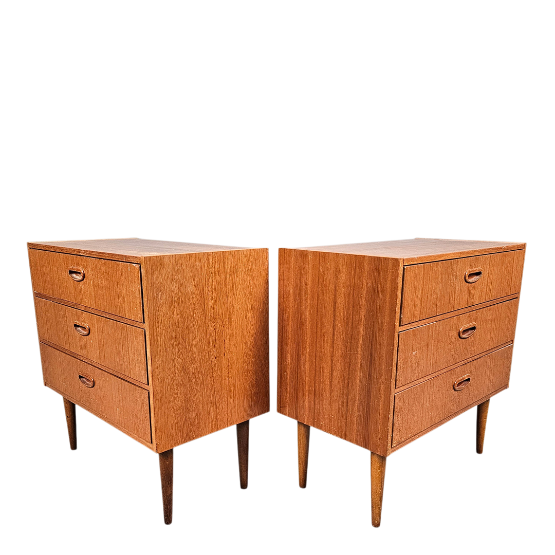 Pair 1950s Swedish : small teakwood chest of drawers w/ carved oak pulls