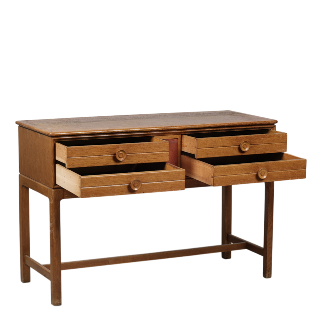 1940s Dutch : lacquered oak 41" console table, leather detail