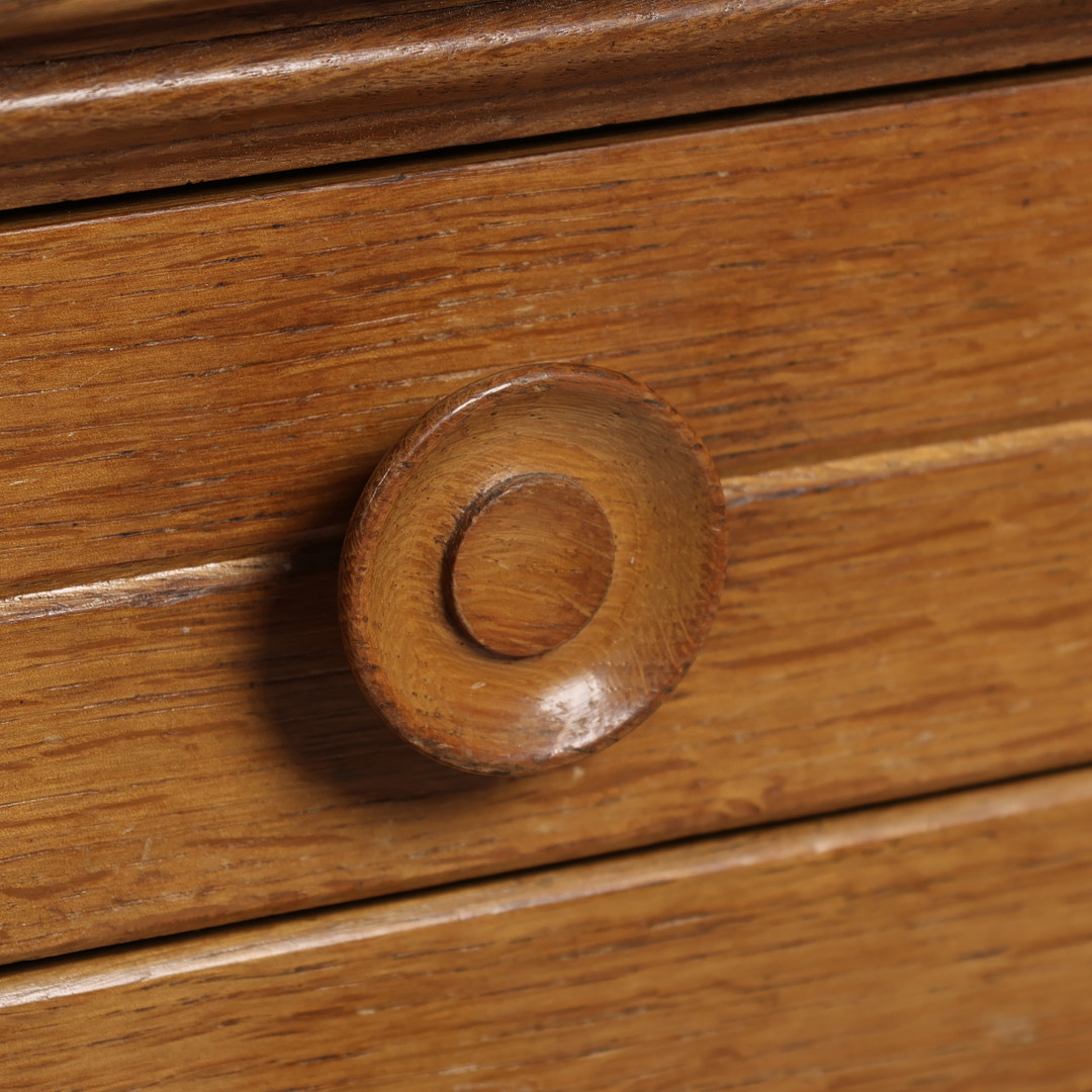 1940s Dutch : lacquered oak 41" console table, leather detail