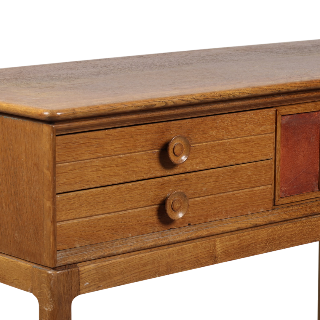1940s Dutch : lacquered oak 41" console table, leather detail