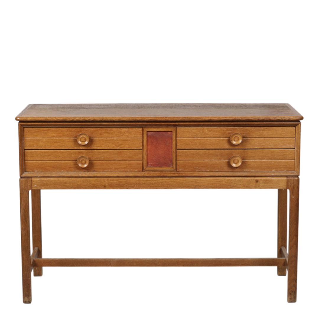 1940s Dutch : lacquered oak 41" console table, leather detail