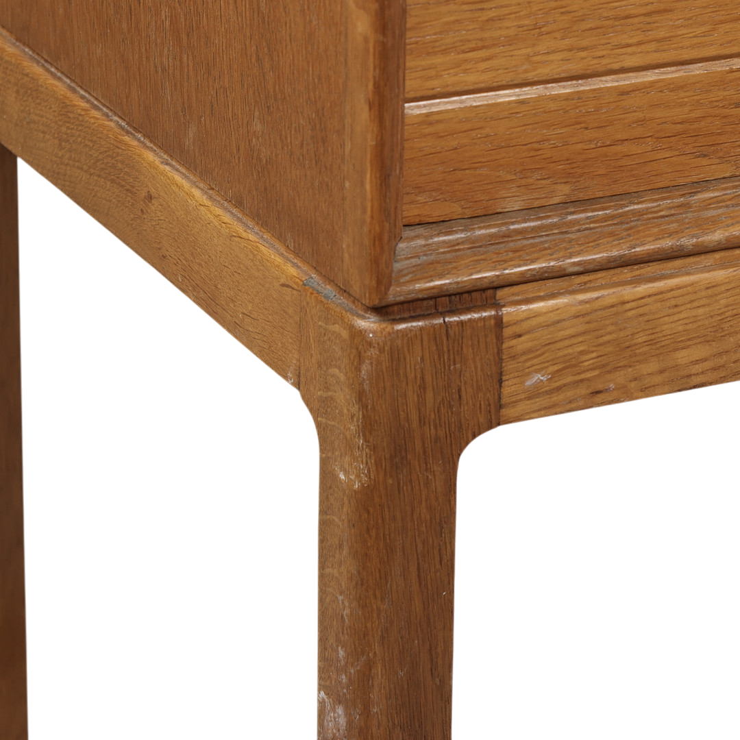 1940s Dutch : lacquered oak 41" console table, leather detail