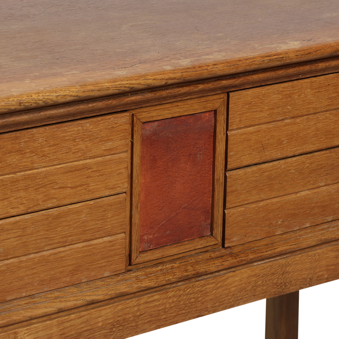 1940s Dutch : lacquered oak 41" console table, leather detail