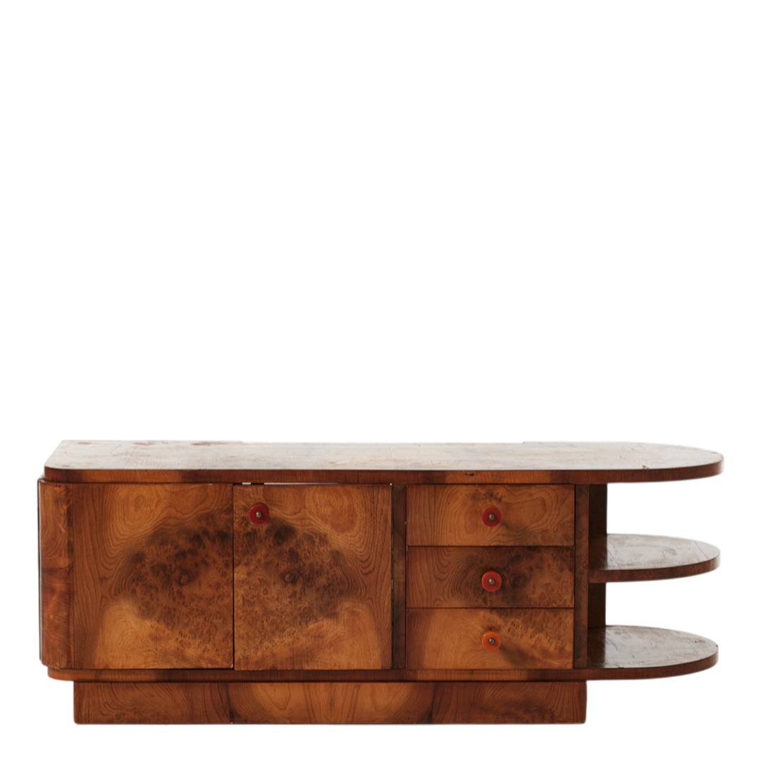 1930s Art Deco : small elm rootwood hall cabinet, bakelite handles