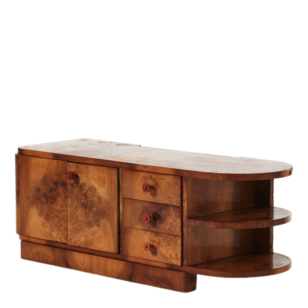 1930s Art Deco : small elm rootwood hall cabinet, bakelite handles