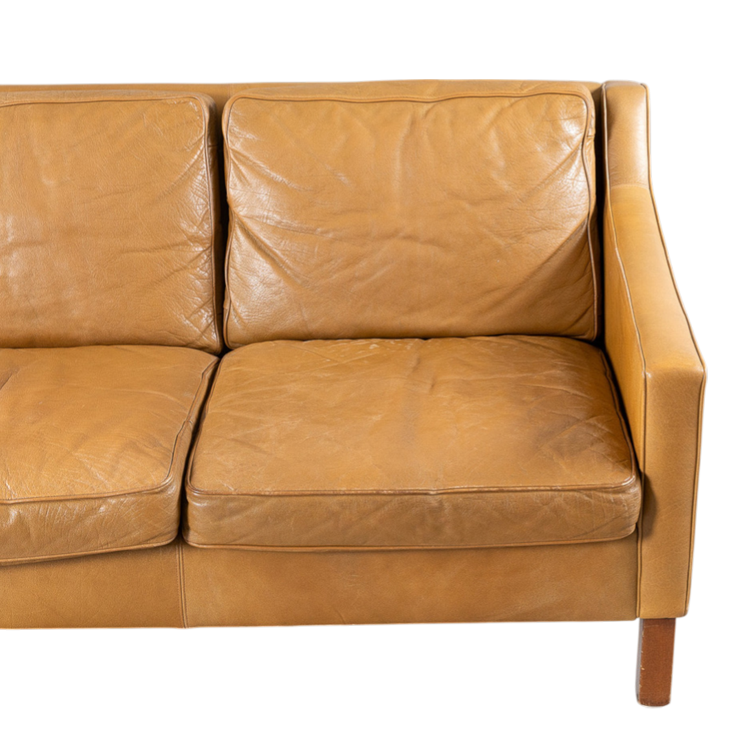 1960s Ib Kofod-Larsen : caramel brown leather 3-seat sofa for OPE
