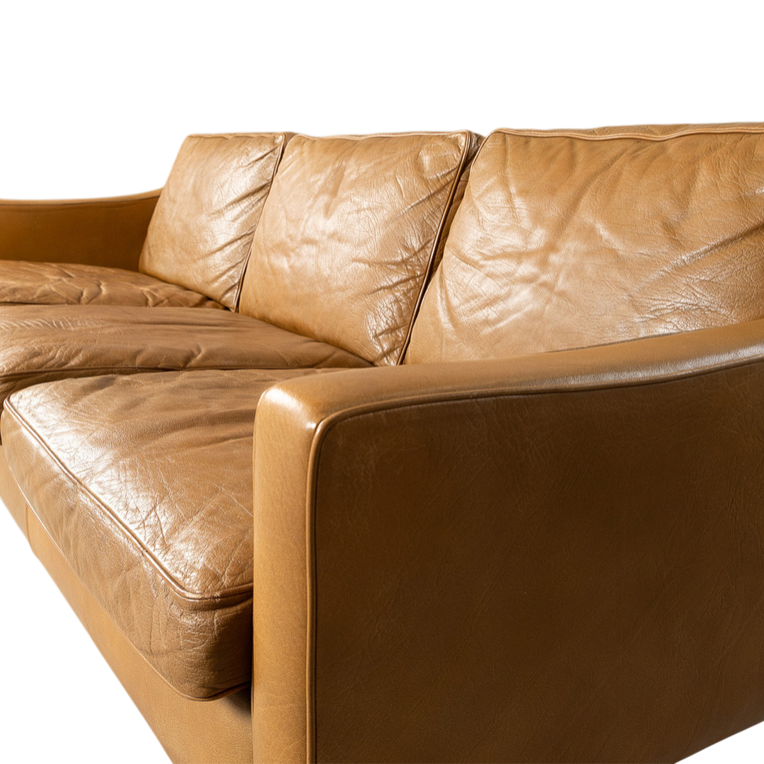 1960s Ib Kofod-Larsen : caramel brown leather 3-seat sofa for OPE
