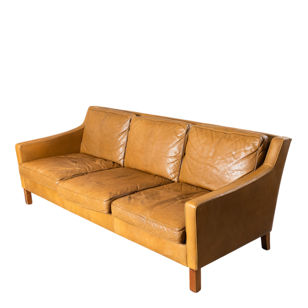 1960s Ib Kofod-Larsen : caramel brown leather 3-seat sofa for OPE