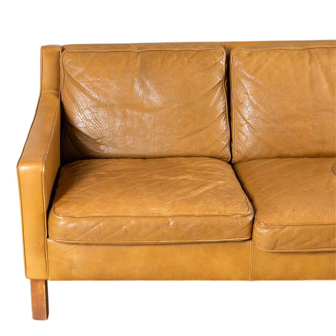 1960s Ib Kofod-Larsen : caramel brown leather 3-seat sofa for OPE