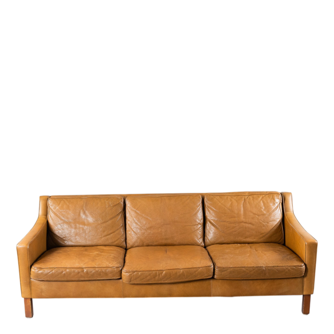 1960s Ib Kofod-Larsen : caramel brown leather 3-seat sofa for OPE