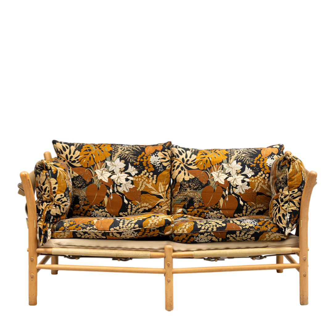 1970s Arne Norell : 2-seat "Ilona" sofa in light leather and floral upholstery