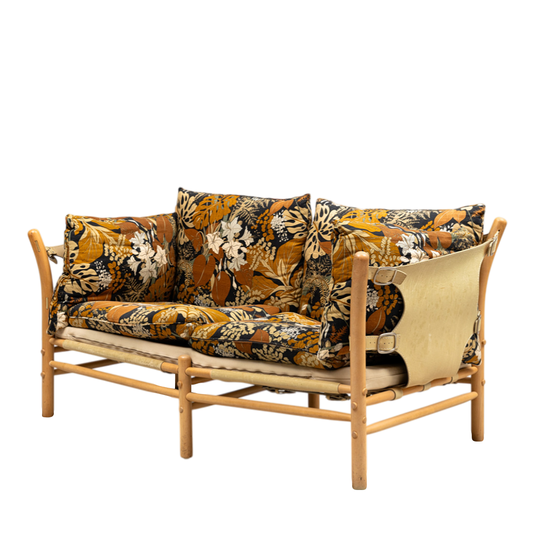 1970s Arne Norell : 2-seat "Ilona" sofa in light leather and floral upholstery
