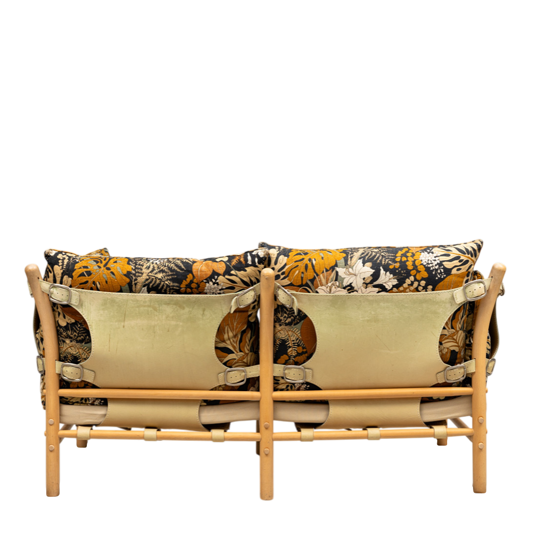 1970s Arne Norell : 2-seat "Ilona" sofa in light leather and floral upholstery