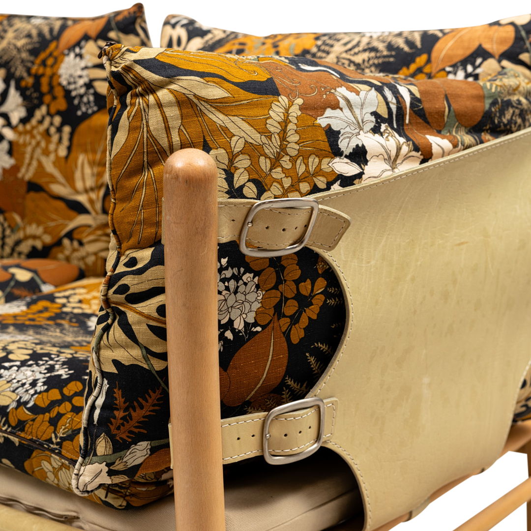 1970s Arne Norell : 2-seat "Ilona" sofa in light leather and floral upholstery