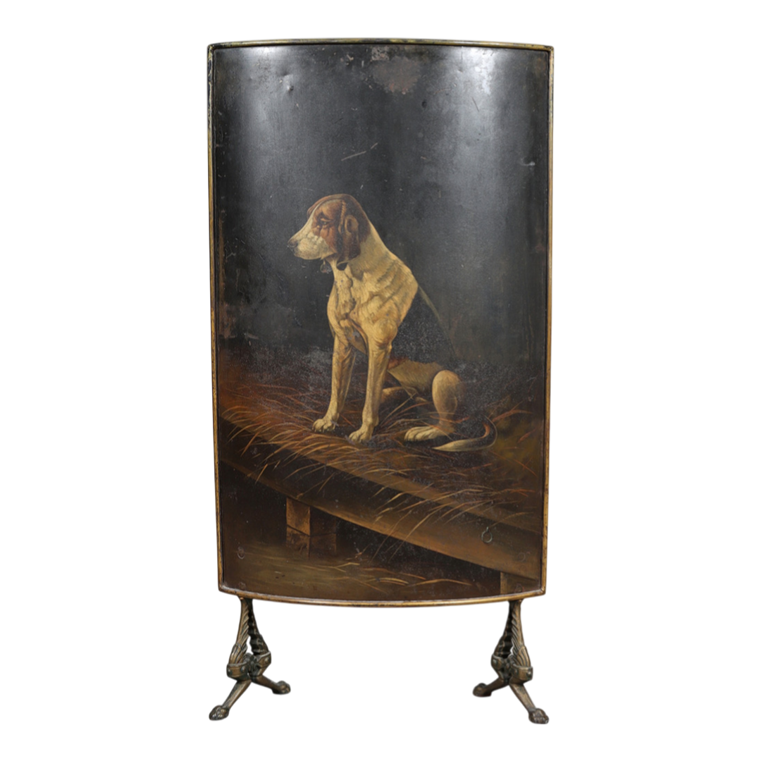 19thc English : large 41" metal fireplace screen with painted hound dog