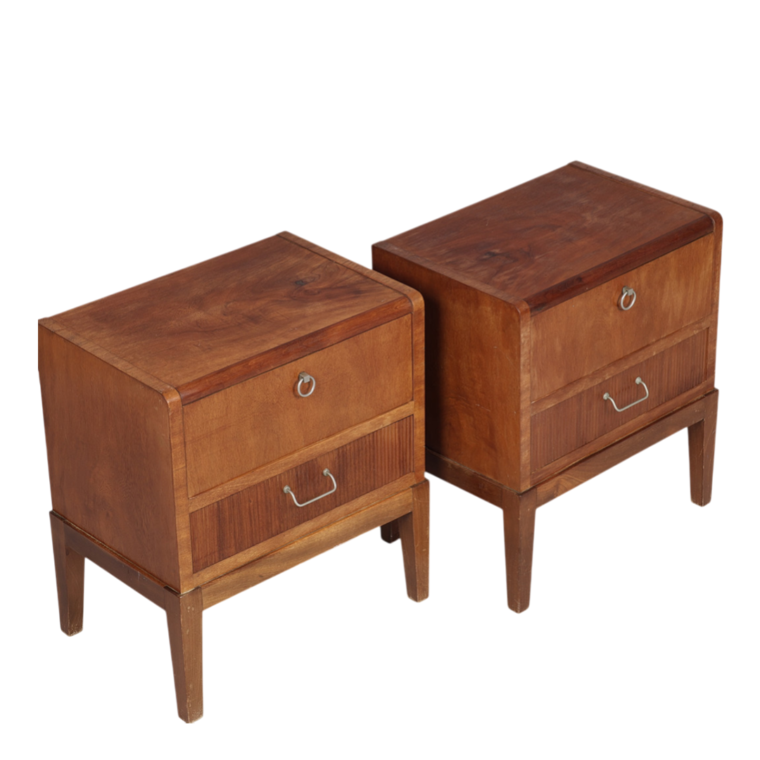 Late 1940s Danish : pair of walnut nightstands w/metal pulls