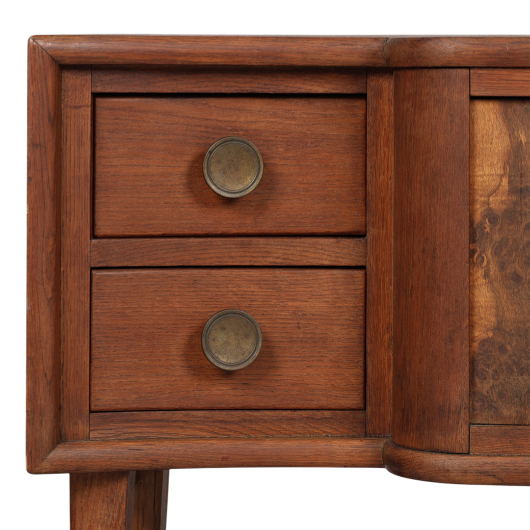 1940s Danish : oakwood 44" sideboard w/burl wood decor