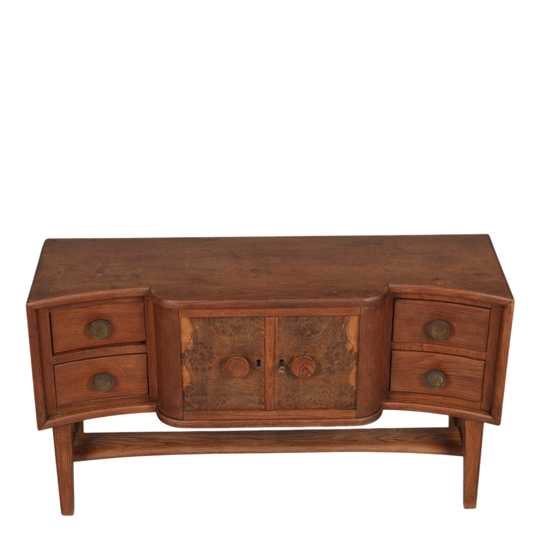 1940s Danish : oakwood 44" sideboard w/burl wood decor