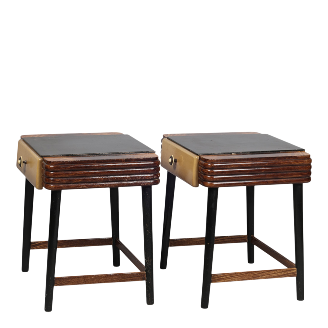Pair Late 1930s: transitional Art Deco lacquered 20" nightstands