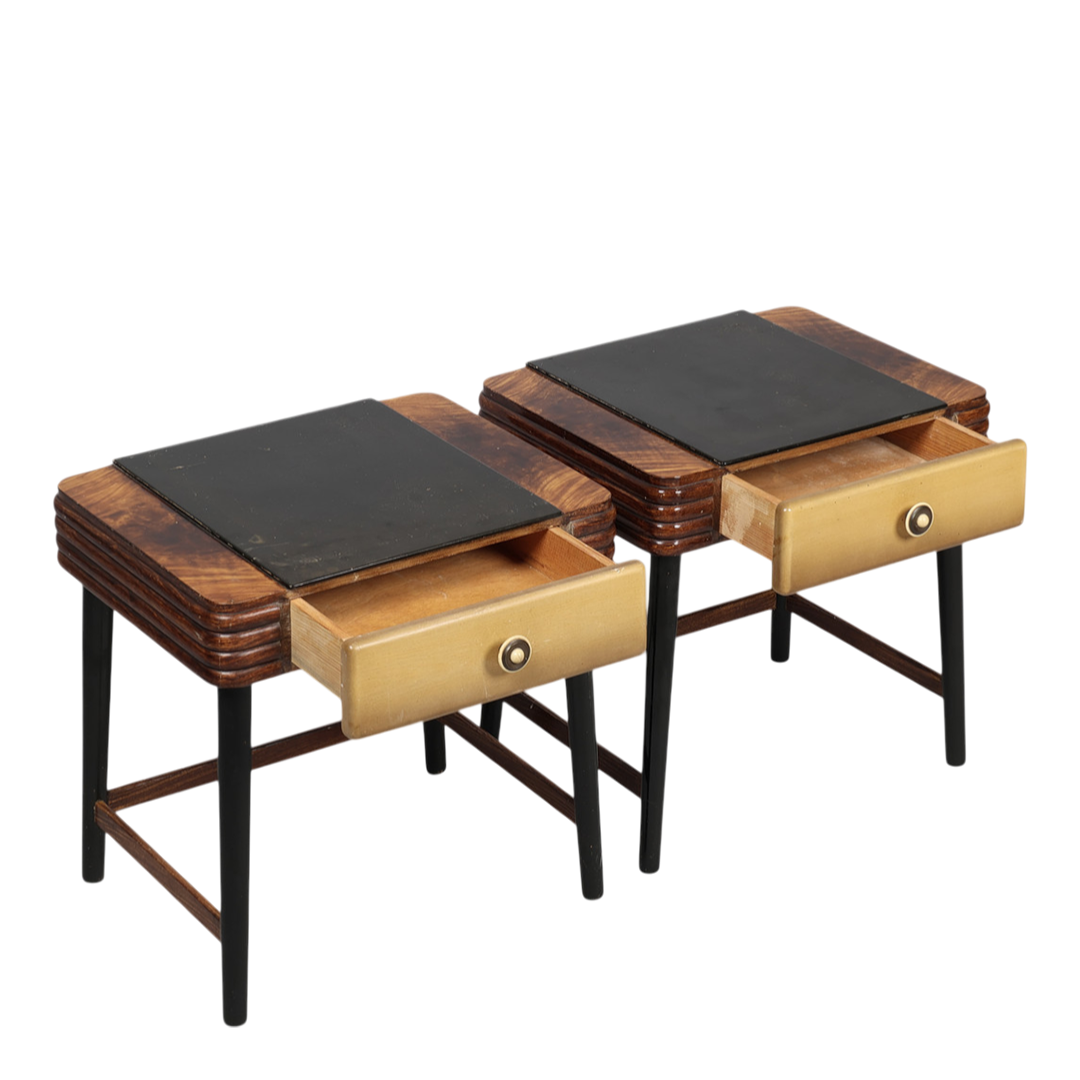 Pair Late 1930s: transitional Art Deco lacquered 20" nightstands