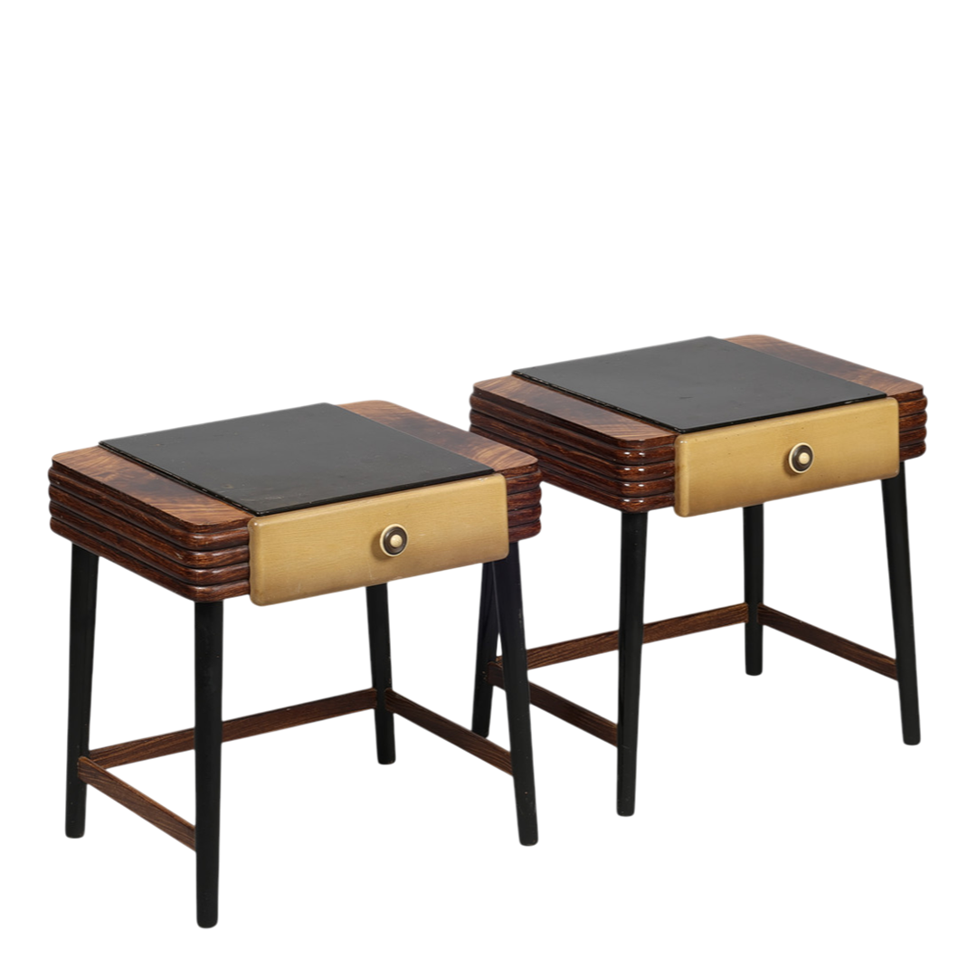 Pair Late 1930s: transitional Art Deco lacquered 20" nightstands