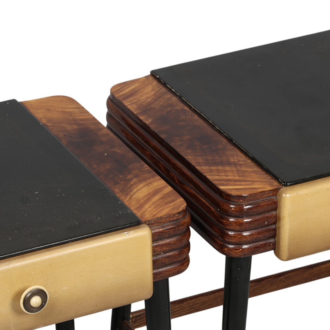 Pair Late 1930s: transitional Art Deco lacquered 20" nightstands