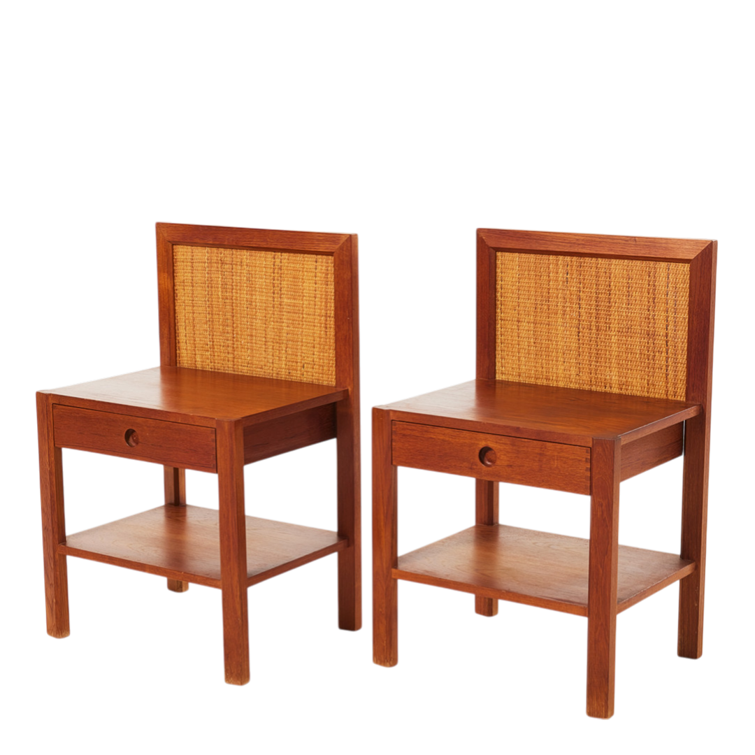 Pair 1960s Danish Design : teakwood & woven hemp bedside tables
