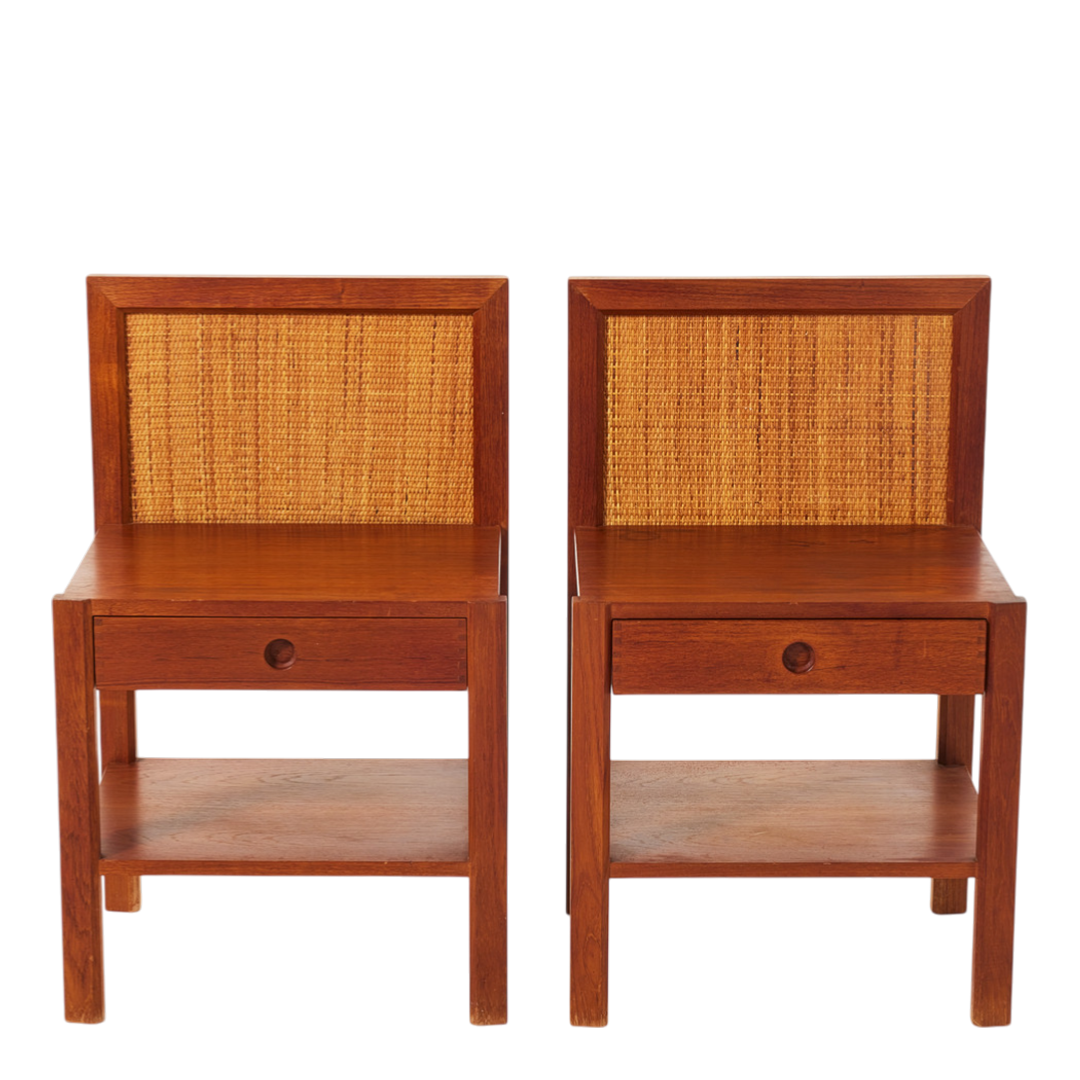 Pair 1960s Danish Design : teakwood & woven hemp bedside tables