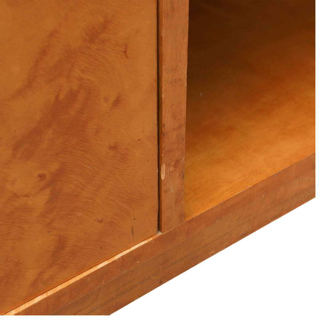 1930s Swedish : flame birch bookcase w/curved cabinet